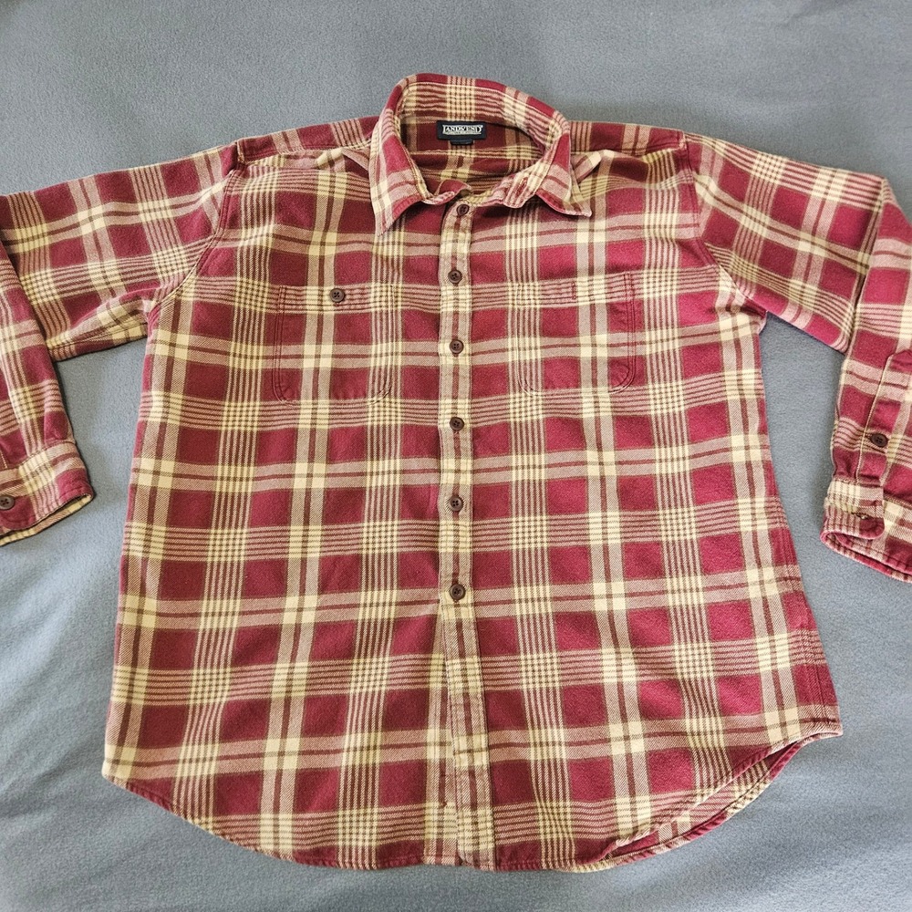 Lands End Plaid Flannel Shirt Long Sleeve Button Up Men's L Red Tan‎